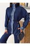 Women's Denim Garnished Stoppered Waist Gathered Sweatpants Set - 3
