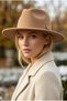 Women's Beige Wide Brim Hard Felt Fedora Hat with Metal Buckle Belted Panama Cowboy Winter Hat - 4
