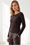 Women's Brown Boat Neck Textured Light Transparent Detailed Blouse Blz-19003454 - 3