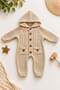 Baby knitted romper with hood, hair braid pattern, knitwear, wooden buttoned, pocketed, unisex for girls and boys, 3-12 months