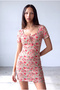 Women's Red Floral Patterned Crinkle Fabric Square Neck Short Sleeve Gathered Chest Dress Carly - 3