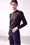 Women's Black Embossed Textured Stand Collar Long Balloon Sleeve Back Button Closure Blouse Lia - 4