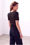 Women's Black Crinckle Stretchy Lace U-Neck Short Balloon Sleeve Transparent T-Shirt Croia - 3