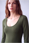 Women's Dark Green Cotton Square Neck Long Sleeve Skirt with Lace Detail Long Blouse Mila - 4