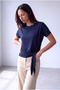 Women's Navy Blue Viscose Crew Neck Off-Shoulder Short Sleeve Side Tie Drawstring Blouse Vera