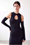 Women's Black Stretchy Textured Crew Neck Open Shoulder Sleeves Cut Out Detailed Mini Dress Meabh - 2