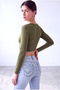 Women's Khaki Cotton V-Neck Long Sleeve Crop Blouse Brid - 2