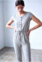 Women's Light Gray Melange Cotton Crew Neck Short Sleeve Lace-Up Waist Buttoned Jumpsuit Brigid
