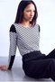 Women's Black and White Patterned Cotton Wide Crew Neck Long Sleeve Top and Blouse Megan - 5