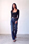 Women's Black Stretchy Square Neck Long Sleeve Corset Look Blouse Violette - 3