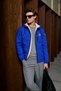 Men's Hooded Zippered Pocket Long Sleeve Sport S.Blue Fur Raincoat