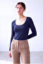 Women's Navy Blue Cotton Wide Crew Neck Long Sleeve Tunic Blouse Mila - 2