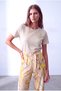 Women's Beige Melange Linen Blended Soft Textured Wide Crew Neck Short Sleeve Embroidery Detailed t Ines - 4