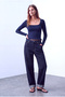Women's Navy Blue Cotton Square Neck Long Sleeve Skirt with Ruffle Detail Blouse Pauline