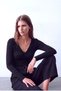 Women's Black Soft Textured V-Neck Long Sleeve Vertical Drawstring Detailed Blouse Berenice - 4