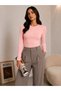 Women's Powder Pink Crew Neck Basic Long Sleeve Soft Stretch Fabric Blouse - 2