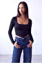 Women's Black Stretchy Square Neck Long Sleeve Corset Look Blouse Violette