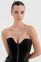 Women's Velvet Fabric Strapless Corset with Lace Detail on the Chest - 6