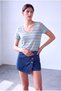 Women's Blue Striped Linen Blend Light Textured V-Neck Short Sleeve T-Shirt Colette - 4