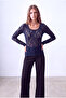 Women's Navy Blue Stretchy Lace Fabric Crew Neck Long Sleeve Transparent Blouse Layla - 5