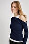 Women's Navy Blue Boat Neck Ribbed Blouse with Inner Blouse