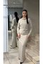 Women's Chain Detailed Belted Maxi Knitwear Dress - High Neck Knitwear Long Sleeve Long Dress Half Turtleneck Short Slit - 4