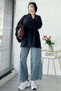 Side Slit Detail Waist-Tied Basic Blouse - Navy Blue - 3