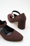 Women's Suede Stone Buckle Strap Thick Heeled Mary Jane Shoes Brown - 2