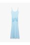 Shiny Sandy Fabric Accessories Gathered Slim Fit U-Neck Strap Long Dress - 5