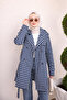 Navy Blue Double-Breasted Collared Lined Checkered Trench Coat