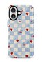 iPhone 16 Compatible - Blue and White Checkered Red Hearts, Double Layer Cover, Glossy Surface Protective Case