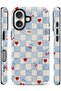 iPhone 16 Compatible - Blue and White Checkered Red Hearts, Double Layer Cover, Glossy Surface Protective Case - 2