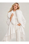 Women's Ecru Fur Collar Detailed Tasseled Loose Knitwear Shawl Poncho - 3