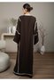 Elegant Front Open Brown Nida Abaya with White Contrast Piping - 4