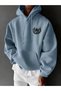 Unisex Hooded Zippered Sweatshirt Blue Oversize 3 Thread Lined - 2