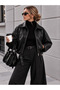Women's Oversize Leather Jacket with Belt Detail