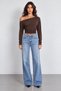 Women's Brown Off-The-Shoulder Boat Neck Long Sleeve Draped Waist Blouse - 6