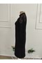 Women's long sleeve v-neck short janjan crepe dress with lace sleeves and buttoned neckline. - 5