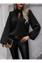 Women's Long Sleeve Collared Ribbon Detailed Gathered Janjan Crepe Blouse