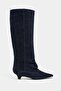 Ravena Navy Blue Suede Leather Pointed Toe Short Heeled Women's Boots - 5