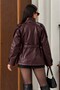 Women's Faux Leather Jacket Belted Buttoned Long Sleeve Pocketed Stand Collar Leather Trench Coat - 5
