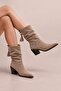 Frea Women's Suede Studded Tasseled Bellows Thick Heeled Ankle Length Short Boots - 5
