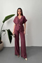 Women's Plum-Colored V-Neck Buttoned Belted Short-Sleeved Double Suit with Wide-Leg Trousers and Linen Look