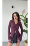 Women's Plum Polo Collar Long Sleeve Spanish Sleeve Blouse with Gathered Front and Lace Detail - 2