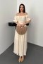 Women's Beige Madon Collar Off Shoulder Elastic Waist Short Balloon Sleeve Linen Fabric Maxi Dress