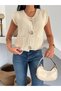 Women's Ecru Gold Buttoned V-Neck Sleeveless Knitwear Vest with Pockets Thick Knitted Off-Shoulder Sweater - 2