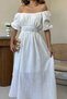 Women's White Madonna Collar Elastic Waist Balloon Short Sleeve Muslin Fabric Midi Length Dress - 5