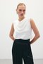 Women's Ecru Degaje Collar Sleeveless Draped Satin Fabric Classic Undershirt Blouse