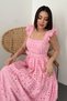 Women's Pink Square Collar Ruffle Sleeves Belted Cotton Scallop Embroidered Midi Length Flared Dress - 3