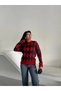 Women's Red Diamond Patterned Crew Neck Long Sleeve Comfortable Fit Knitwear Knitted Sweater